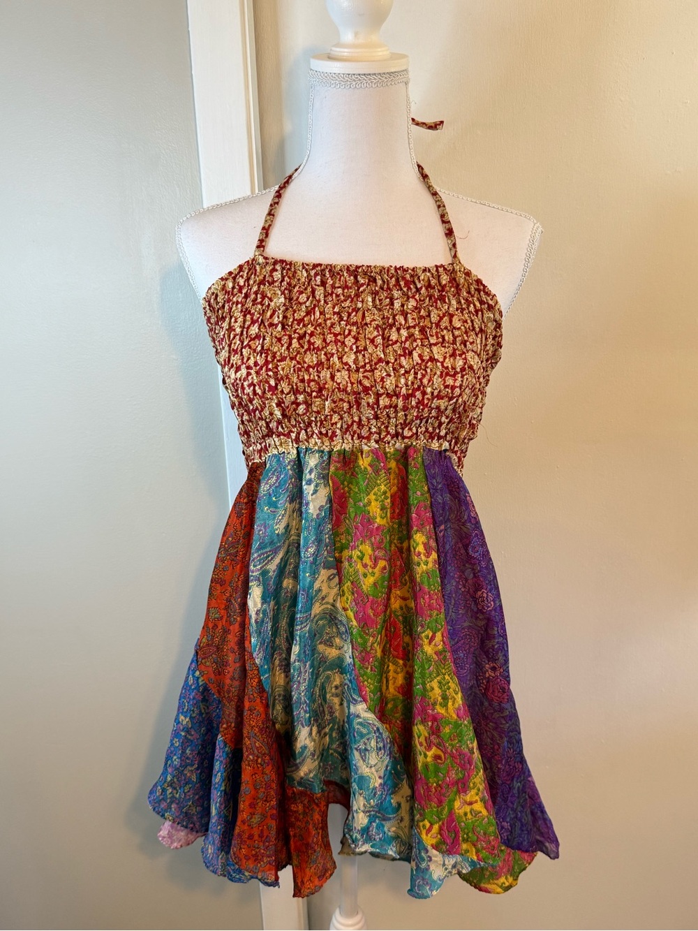Vintage 90s Boho Metallic Paisley Tiered Smocked Midi Dress M/L Made in India